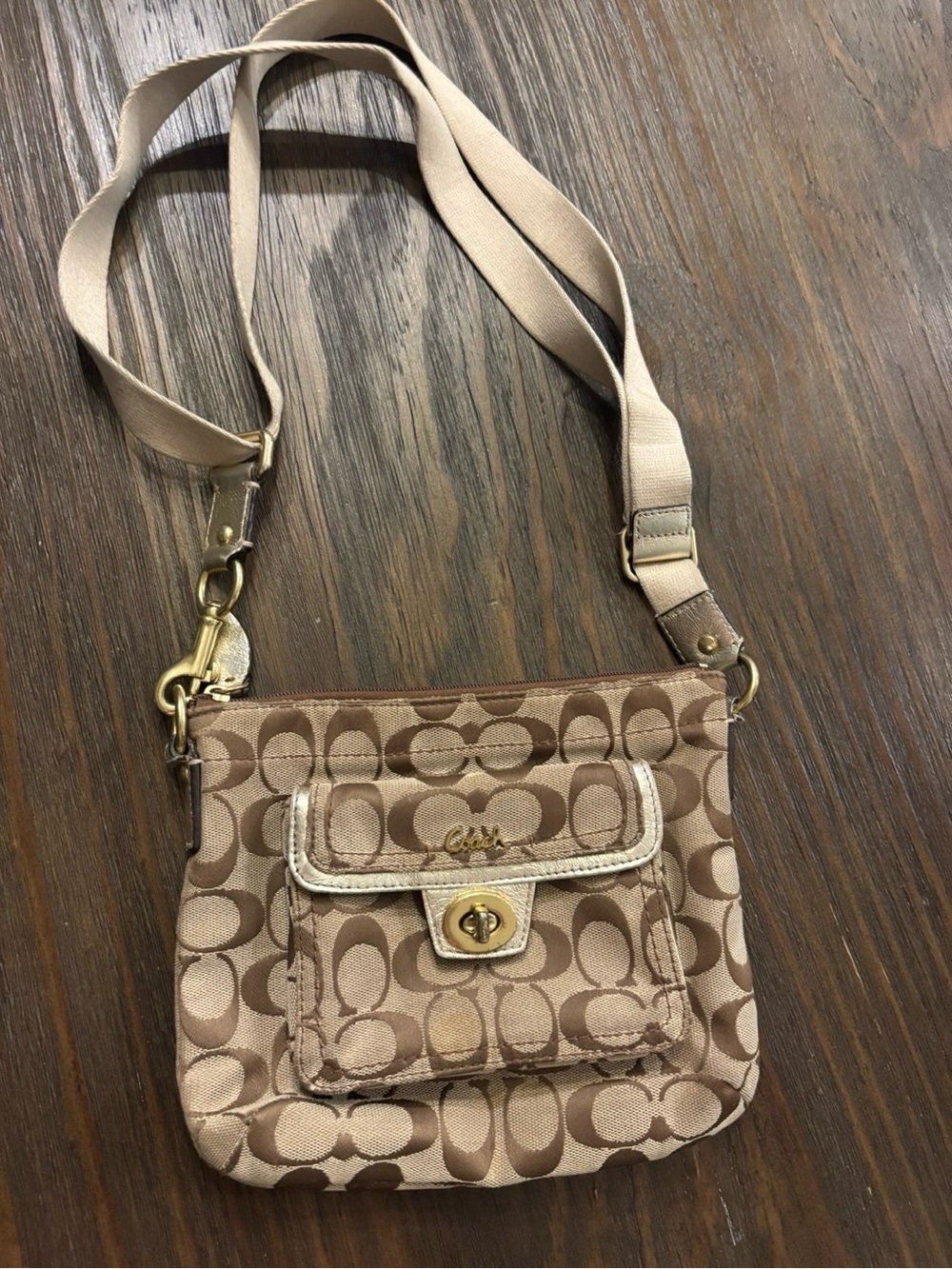 Coach Beige/Tan Signature Crossbody with Turn-Lock Pocket